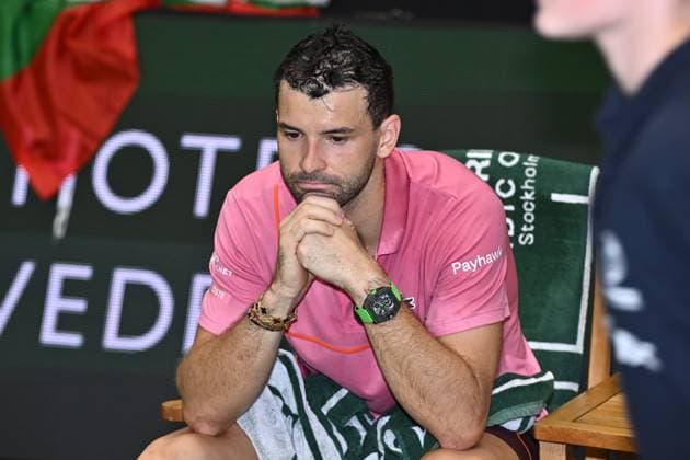 STOCKHOLM, SVERIGE 20241020 Grigor Dimitrov, Bulgarien, deppar efter förlusten i singelfinalenmot Tommy Paul, USA, under tennisturneringen BNP Paribas Nordic Open i Kungliga tennishallen. STOCKHOLM SVERIGE x10090x