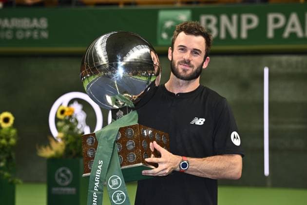 STOCKHOLM, SWEDEN 20241020 Tommy Paul of USA poses with the trophy after winning the final BNP Paribas Nordic Open ATP, Tennis Herren tennis singles match against Grigor Dimitrov of Bulgaria at the Royal Tennis Hall, in Stockholm, Sweden, on Oct. 20, 2024. STOCKHOLM SWEDEN x10090x