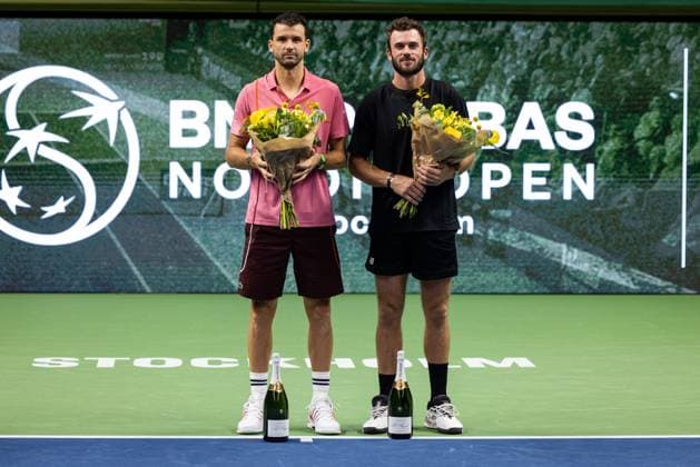 241020 Second place Grigor Dimitrov of Bulgaria and winner Tommy Paul of the United States after the men™s final on day 9 of the ATP, Tennis Herren 250 Nordic Open on October 20, 2024 in Stockholm. Photo: Michael Campanella BILDBYRAN COP 313 MC0109 tennis atp 250 nordic open day 9 finals bbeng Copyright: MICHAELxCAMPANELLA BB241020MC062