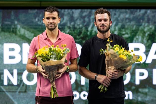 241020 Second place Grigor Dimitrov of Bulgaria and winner Tommy Paul of the United States after the men™s final on day 9 of the ATP, Tennis Herren 250 Nordic Open on October 20, 2024 in Stockholm. Photo: Michael Campanella BILDBYRAN COP 313 MC0109 tennis atp 250 nordic open day 9 finals bbeng Copyright: MICHAELxCAMPANELLA BB241020MC063
