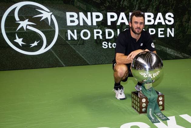 241020 Tommy Paul of the United States poses for a picture with the winner™s trophy after the men™s final on day 9 of the ATP, Tennis Herren 250 Nordic Open on October 20, 2024 in Stockholm. Photo: Michael Campanella BILDBYRAN COP 313 MC0109 tennis atp 250 nordic open day 9 finals bbeng Copyright: MICHAELxCAMPANELLA BB241020MC068