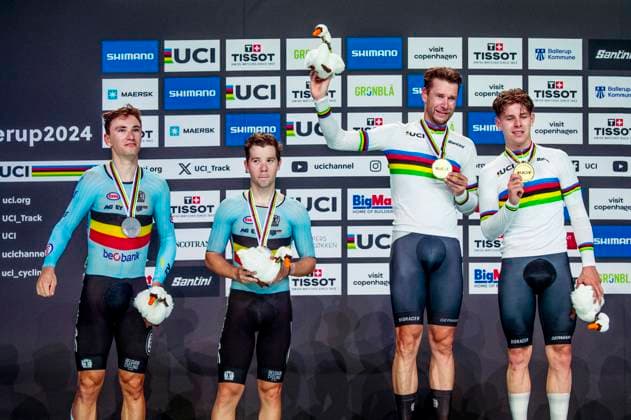 241020 Lindsay de Vylder of Belgium, Fabio van den Bossche of Belgium, Roger Kluge of Germany and Tim Torn Teutenberg of Germany celebrates after Men s Madison during day 5 of the 2024 UCI Tissot Track cycling, Rad, Radsport, Bahnrad, Bahn World Championships on October 20, 2024 in Ballerup. Photo: Christian Örnberg BILDBYRAN COP 166 CO0482 cykling cycling sykling cykel vm cykel2024 uci tissot track cycling world championships wc 2024 uci tissot track cycling world championships 5 bbeng grappa33 jubel Copyright: CHRISTIANxÖRNBERG BB241020CO051