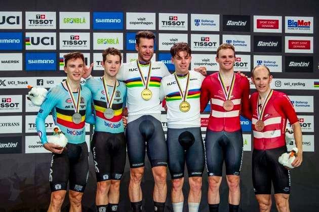 241020 Lindsay de Vylder of Belgium, Fabio van den Bossche of Belgium, Roger Kluge of Germany, Tim Torn Teutenberg of Germany, Niklas Larsen of Denmark and Michael Morkov of Denmark celebrates after Men s Madison during day 5 of the 2024 UCI Tissot Track cycling, Rad, Radsport, Bahnrad, Bahn World Championships on October 20, 2024 in Ballerup. Photo: Christian Örnberg BILDBYRAN COP 166 CO0482 cykling cycling sykling cykel vm cykel2024 uci tissot track cycling world championships wc 2024 uci tissot track cycling world championships 5 bbeng grappa33 jubel Copyright: CHRISTIANxÖRNBERG BB241020CO052