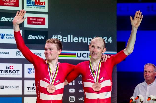 241020 Niklas Larsen of Denmark and Michael Morkov of Denmark celebrates after Men s Madison during day 5 of the 2024 UCI Tissot Track cycling, Rad, Radsport, Bahnrad, Bahn World Championships on October 20, 2024 in Ballerup. Photo: Christian Örnberg BILDBYRAN COP 166 CO0482 cykling cycling sykling cykel vm cykel2024 uci tissot track cycling world championships wc 2024 uci tissot track cycling world championships 5 bbeng grappa33 Copyright: CHRISTIANxÖRNBERG BB241020CO092