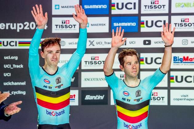 241020 Lindsay de Vylder of Belgium and Fabio van den Bossche of Belgium celebrates after Men s Madison during day 5 of the 2024 UCI Tissot Track cycling, Rad, Radsport, Bahnrad, Bahn World Championships on October 20, 2024 in Ballerup. Photo: Christian Örnberg BILDBYRAN COP 166 CO0482 cykling cycling sykling cykel vm cykel2024 uci tissot track cycling world championships wc 2024 uci tissot track cycling world championships 5 bbeng grappa33 jubel Copyright: CHRISTIANxÖRNBERG BB241020CO098