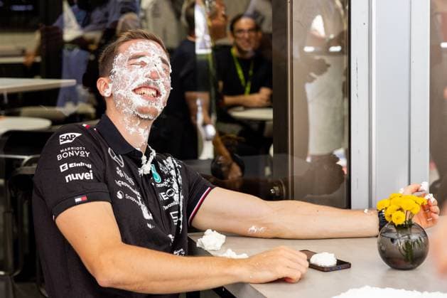 AUSTIN, TX - OCTOBER 20: A Mercedes team member takes a pie in the face from 2025 Mercedes F1 driver Kimi Antonelli in the paddock before the Formula 1 Pirelli United States Grand Prix on October 20, 2024 at the Circuit of The Americas in Austin, TX. (Photo by Bob Kupbens Icon Sportswire)(Photo by Bob Kupbens Icon Sportswire) AUTO: OCT 20 F1 Pirelli United States Grand Prix EDITORIAL USE ONLY Icon2410200421