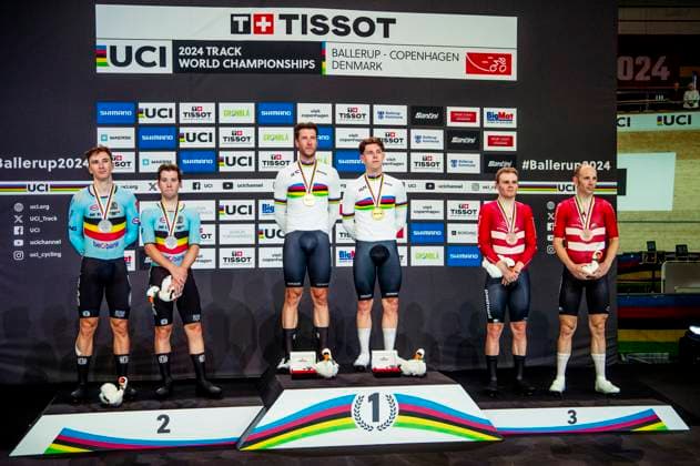 241020 Lindsay de Vylder of Belgium, Fabio van den Bossche of Belgium, Roger Kluge of Germany, Tim Torn Teutenberg of Germany, Niklas Larsen of Denmark and Michael Morkov of Denmark celebrates after Men s Madison during day 5 of the 2024 UCI Tissot Track cycling, Rad, Radsport, Bahnrad, Bahn World Championships on October 20, 2024 in Ballerup. Photo: Christian Örnberg BILDBYRAN COP 166 CO0482 cykling cycling sykling cykel vm cykel2024 uci tissot track cycling world championships wc 2024 uci tissot track cycling world championships 5 bbeng grappa33 jubel Copyright: CHRISTIANxÖRNBERG BB241020CO102