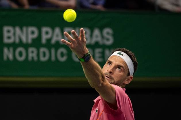241020 Grigor Dimitrov of Bulgaria competes during the men™s final on day 9 of the ATP, Tennis Herren 250 Nordic Open on October 20, 2024 in Stockholm. Photo: Michael Campanella BILDBYRAN COP 313 MC0109 tennis atp 250 nordic open day 9 finals bbeng Copyright: MICHAELxCAMPANELLA BB241020MC105
