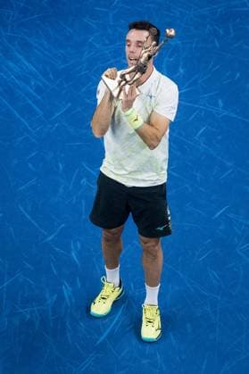 Spanish Roberto Bautista-Agut celebrates after winning a tennis match in the finals of the singles competition at the ATP, Tennis Herren European Open Tennis tournament in Antwerp, Sunday 20 October 2024. JASPERxJACOBS  x103114440x