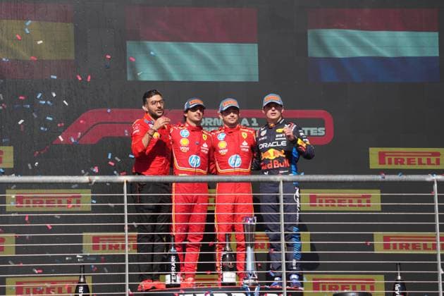 20.10.2024, Circuit of The Americas, Austin, FORMULA 1 PIRELLI UNITED STATES GRAND PRIX 2024 ,im Bild Sieger Charles Leclerc (MCO), Scuderia Ferrari HP, 2.Platz f+ür Carlos Sainz Jr. (ESP), 3.Platz für Max Verstappen (NLD), Oracle Red Bull Racing (Photo by Hasan Bratic DeFodi Images) not used in POL SRB CRO FRA GBR NED ITA USA Defodi-506_20241020_hbr_2952