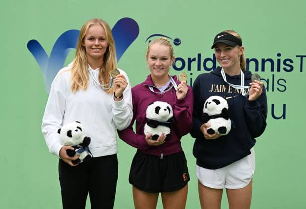 2024 ITF World Tennis Tour Junior Finals Chengdu , China Girls from left: ,Jeline Vandromme (BEL) Bronze , Emerson Jones (AUS) Gold, Laura Samson (CZE) Silver