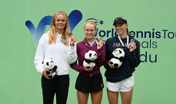 2024 ITF World Tennis Tour Junior Finals Chengdu , China Girls from left: ,Jeline Vandromme (BEL) Bronze , Emerson Jones (AUS) Gold, Laura Samson (CZE) Silver