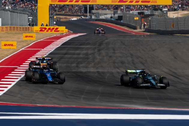 French Formula One driver Pierre Gasly of Alpine F1 Team, Thai Formula One driver Alex Albon of Williams Racing and Canadian Formula One driver Lance Stroll of Aston Martin battle for position during the Formula One United States Grand Prix at the Circuit of the Americas in Austin, Texas on Sunday, October 20, 2024.  AUS2024102044 GREGxNASH