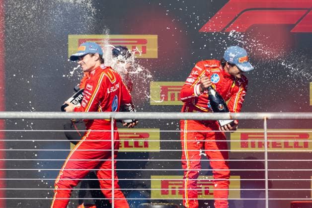 AUSTIN, TX - OCTOBER 20: Charles Leclerc (16) of Morocco and team Scuderia Ferrari and Carlos Sainz (55) of Spain and team Scuderia Ferrari spray champagne after the Formula 1 Pirelli United States Grand Prix on October 20, 2024 at the Circuit of The Americas in Austin, TX. (Photo by Bob Kupbens Icon Sportswire)(Photo by Bob Kupbens Icon Sportswire) AUTO: OCT 20 F1 Pirelli United States Grand Prix EDITORIAL USE ONLY Icon2410202011