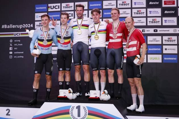CICLISMO - Ciclismo su Pista - Tissot 2024 Track World Championships Tissot Track cycling, Rad, Radsport, Bahnrad, Bahn World Championship, WM, Weltmeisterschaft - Ballerup, Copenaghen, Den- 20 - 10-2024 - Men s Madison - Kluge Roger, Teutenberg Tim Tom - De Vylder Lindsay, Van De Bossche Fabio - Larsen Niklas, Morkov Michael during Tissot 2024 Track World Championships, Track cycling race in Copenhagen, Denmark, October 20 2024 Copenhagen Denmark Copyright: xIPAxSport ABACAx