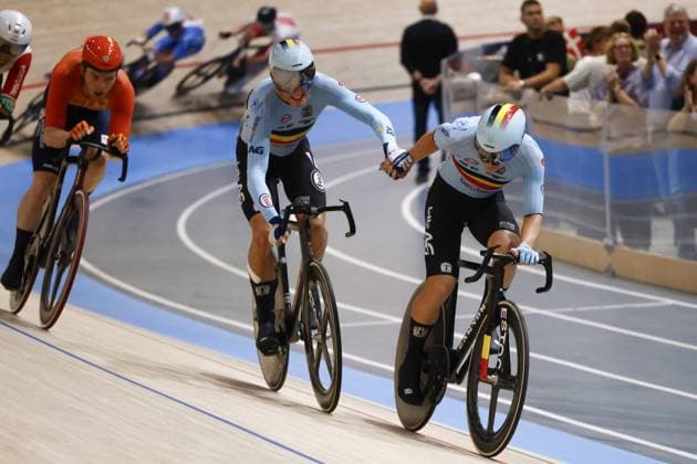 CICLISMO - Ciclismo su Pista - Tissot 2024 Track World Championships Tissot Track cycling, Rad, Radsport, Bahnrad, Bahn World Championship, WM, Weltmeisterschaft - Ballerup, Copenaghen, Den- 20 - 10-2024 - Men s Madison - De Vylder Lindsay, Van De Bossche Fabio during Tissot 2024 Track World Championships, Track cycling race in Copenhagen, Denmark, October 20 2024 Copenhagen Denmark Copyright: xIPAxSport ABACAx