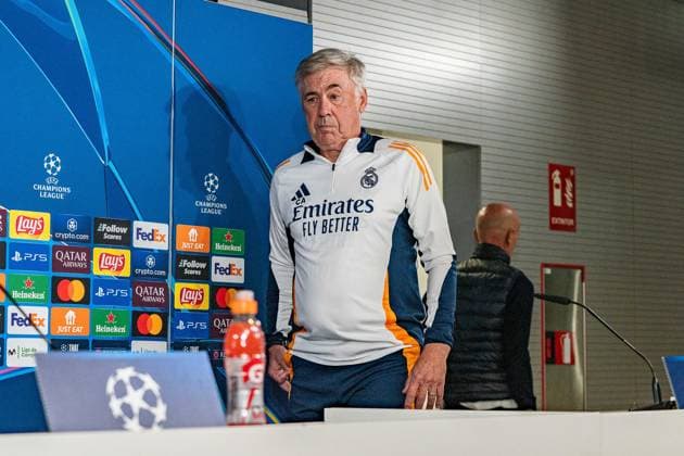 21.10.2024, Pressekonferenz vor Real Madrid vs. Borussia Dortmund, UEFA Champions League, 3. Spieltag Carlo Ancelotti Pressekonferenz, Trainer Real Madrid Copyright: xBahhoxKarax