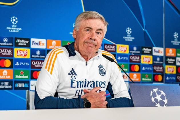 21.10.2024, Pressekonferenz vor Real Madrid vs. Borussia Dortmund, UEFA Champions League, 3. Spieltag Carlo Ancelotti Pressekonferenz, Trainer Real Madrid Copyright: xBahhoxKarax