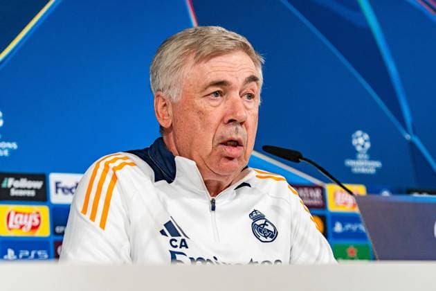 21.10.2024, Pressekonferenz vor Real Madrid vs. Borussia Dortmund, UEFA Champions League, 3. Spieltag Carlo Ancelotti Pressekonferenz, Trainer Real Madrid Copyright: xBahhoxKarax