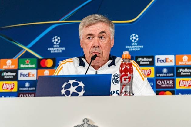 21.10.2024, Pressekonferenz vor Real Madrid vs. Borussia Dortmund, UEFA Champions League, 3. Spieltag Carlo Ancelotti Pressekonferenz, Trainer Real Madrid Copyright: xBahhoxKarax