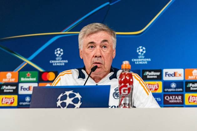 21.10.2024, Pressekonferenz vor Real Madrid vs. Borussia Dortmund, UEFA Champions League, 3. Spieltag Carlo Ancelotti Pressekonferenz, Trainer Real Madrid Copyright: xBahhoxKarax