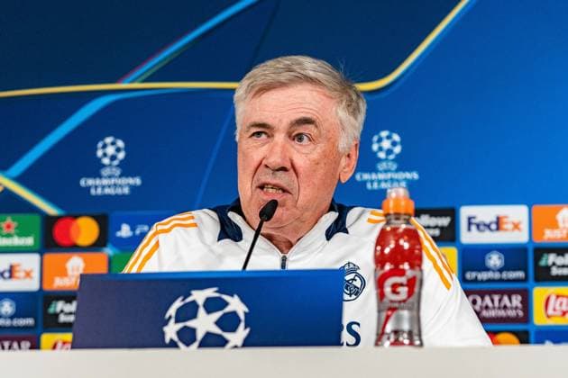 21.10.2024, Pressekonferenz vor Real Madrid vs. Borussia Dortmund, UEFA Champions League, 3. Spieltag Carlo Ancelotti Pressekonferenz, Trainer Real Madrid Copyright: xBahhoxKarax