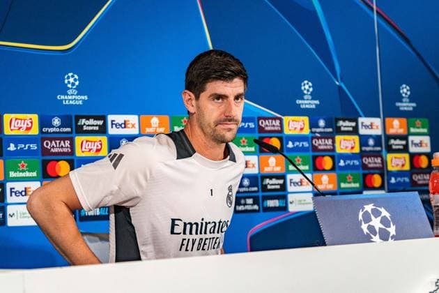 21.10.2024, Pressekonferenz vor Real Madrid vs. Borussia Dortmund, UEFA Champions League, 3. Spieltag Thibaut Courtois Pressekonferenz Copyright: xBahhoxKarax
