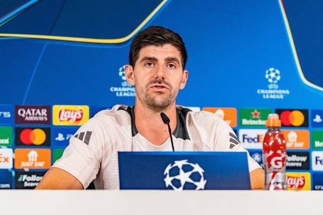 21.10.2024, Pressekonferenz vor Real Madrid vs. Borussia Dortmund, UEFA Champions League, 3. Spieltag Thibaut Courtois Pressekonferenz Copyright: xBahhoxKarax
