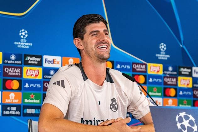 21.10.2024, Pressekonferenz vor Real Madrid vs. Borussia Dortmund, UEFA Champions League, 3. Spieltag Thibaut Courtois Pressekonferenz Copyright: xBahhoxKarax