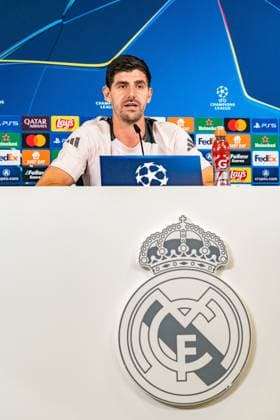 21.10.2024, Pressekonferenz vor Real Madrid vs. Borussia Dortmund, UEFA Champions League, 3. Spieltag Thibaut Courtois Pressekonferenz Copyright: xBahhoxKarax
