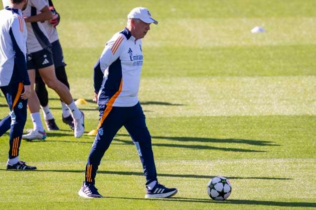 Champions League 2024 25 League Phase MD3: Real Madrid Training Session and press conference, PK, Pressekonferenz Carlo Ancelotti, head coach of Real Madrid CF, seen during Real Madrid Training Session and Press Conference ahead of the Champions League 2024 25 League Phase MD3 football match against Borussia Dortmund at Ciudad Real Madrid on October 21, 2024 in Valdebebas, Spain. Valdebebas Ciudad Real Madrid Madrid Spain Copyright: xAlbertoxGardinx AGardin_20241021_Football_Champions_Real_Madrid_PC_081