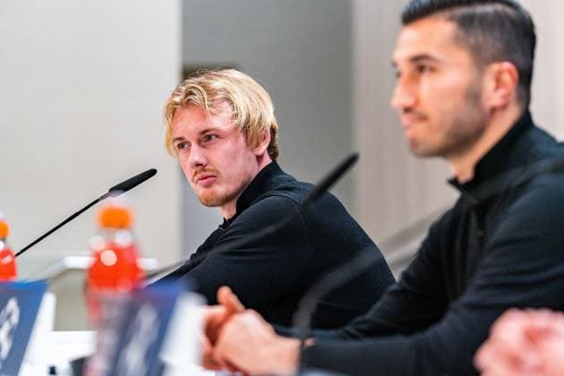 21.10.2024, Pressekonferenz vor Real Madrid vs. Borussia Dortmund, UEFA Champions League, 3. Spieltag Nuri Sahin und Julian Brandt bei der Pressekonferenz von Borussia Dortmund Copyright: xBahhoxKarax