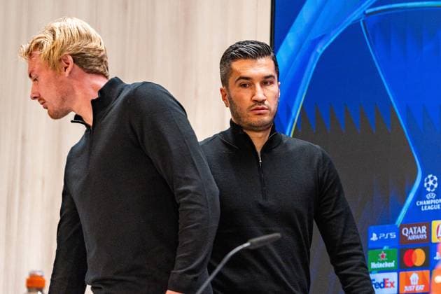 21.10.2024, Pressekonferenz vor Real Madrid vs. Borussia Dortmund, UEFA Champions League, 3. Spieltag Nuri Sahin und Julian Brandt bei der Pressekonferenz von Borussia Dortmund Copyright: xBahhoxKarax