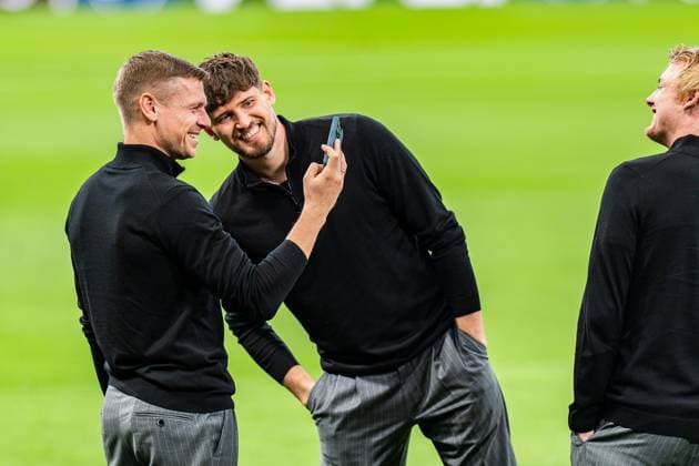 Sport Bilder des Tages 21.10.2024, Pressekonferenz vor Real Madrid vs. Borussia Dortmund, UEFA Champions League, 3. Spieltag Borussia Dortmund zur Platzbegehung im Santiago Bernabeu, hier Lukasz Piszcek, Gregor Kobel und Julian Brandt Copyright: xBahhoxKarax