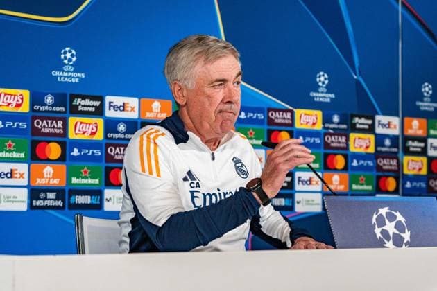 21.10.2024, Pressekonferenz vor Real Madrid vs. Borussia Dortmund, UEFA Champions League, 3. Spieltag Carlo Ancelotti Pressekonferenz, Trainer Real Madrid Copyright: xBahhoxKarax