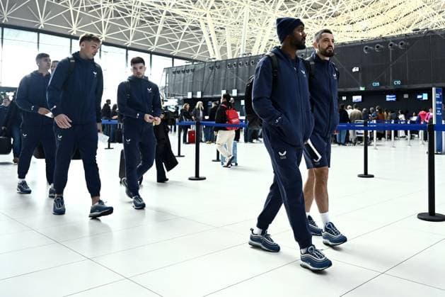 GNK Dinamo Zagreb travels to Salzburg Kevin Theophile Catherine and Arijan Ademi of Dinamo Zagreb arrive at Franjo Tudjman International Airport before departing for Salzburg, in Zagreb, Croatia, on October 22, 2024. GNK Dinamo Zagreb will play agianst FC Salzburg in UEFA Champions League.  MarkoxLukunic PIXSELL