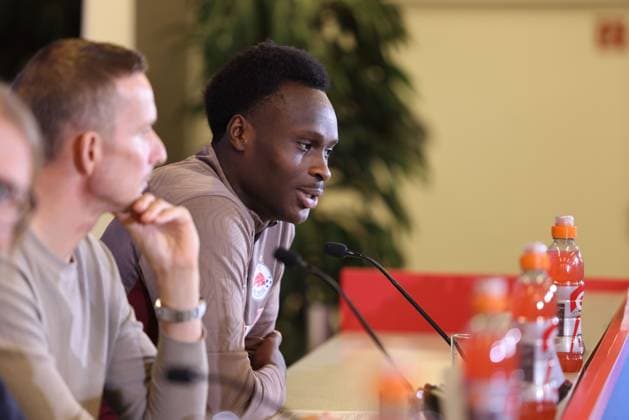 SOCCER - UEFA CL, RBS vs Zagreb SALZBURG,AUSTRIA,22.OCT.24 - SOCCER - UEFA Champions League, Red Bull Salzburg vs GNK Dinamo Zagreb, preview, press conference, PK, Pressekonferenz RBS. Image shows Samson Baidoo (RBS).  GEPAxpictures xMathiasxMandl