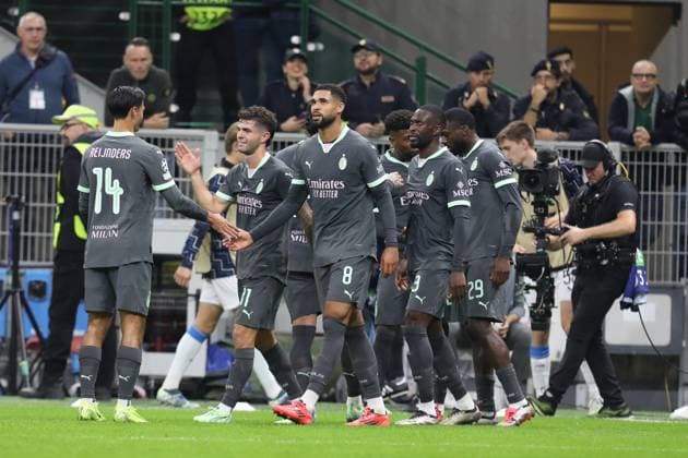 October 22, 2024, Milan, Lombardy, Italy: CHRISTIAN PULISIC 11 of AC MILAN scores his side s first goal in the Matchday 3 of 8 of the UEFA Champions League 2024 2025 between AC MILAN and CLUB BRUGGE at San Siro in Milan, Italy Milan Italy - ZUMAc179 20241022_zep_c179_009 Copyright: xMickaelxChavetx