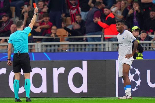 Brugge s Raphael Onyedika, red card , during the Uefa Champions League soccer match between Ac Milan and Club Brugge a at the San Siro Stadium in Milan, north Italy -Tuesday , October 22 , 2024. - Soccer .  Copyright: xSpada LaPressex