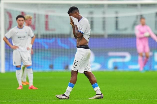 Brugge s Raphael Onyedika, red card , during the Uefa Champions League soccer match between Ac Milan and Club Brugge a at the San Siro Stadium in Milan, north Italy -Tuesday , October 22 , 2024. - Soccer .  Copyright: xSpada LaPressex