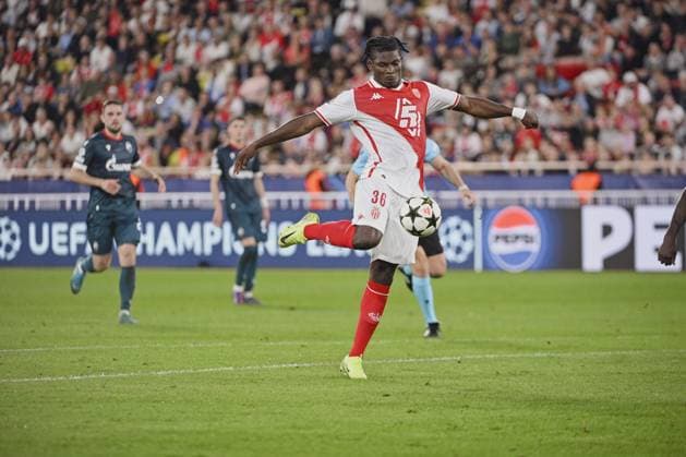 Forward EMBOLO Breel (AS Monaco) mark a goal. AS Monaco vs Red Star Belgrade - Crvena Zvezda - UEFA Champions League in Stade Louis II, MONACO, on October 22, 2024. FOOTBALL: C1 - AS Monaco vs Red Star Belgrade - Crvena zvezda - UEFA Champions League - 10 22 24 FredDides Panoramic 
