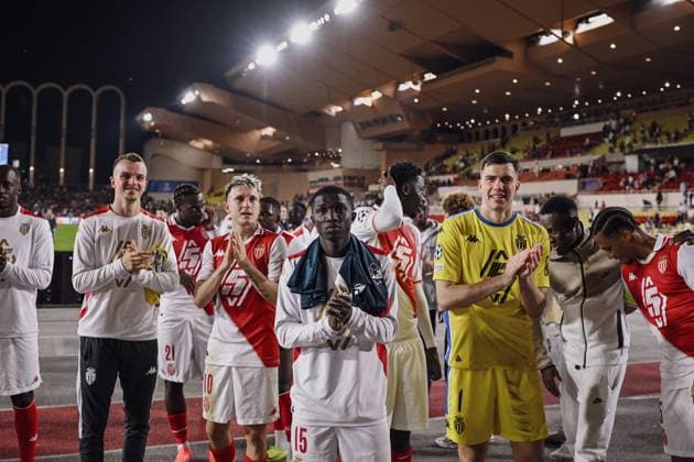 Fußball, CL, AS Monaco - Roter Stern Belgrad joy after victory AS Monaco Football club team and Midfielder CAMARA Lamine (AS Monaco). AS Monaco vs Red Star Belgrade - Crvena Zvezda - UEFA Champions League in Stade Louis II, MONACO, on October 22, 2024. FOOTBALL: C1 - AS Monaco vs Red Star Belgrade - Crvena zvezda - UEFA Champions League - 10 22 24 FredDides Panoramic 