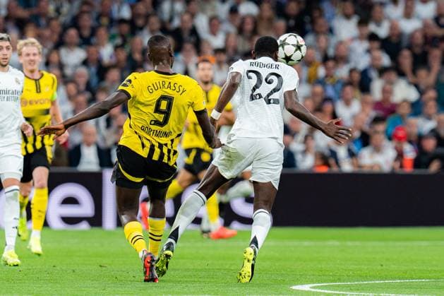 22.10.2024, Real Madrid vs. Borussia Dortmund, UEFA Champions League, 3. Spieltag. Serhou Guirassy (Borussia Dortmund, 9) Antonio Rüdiger (Real Madrid, 22) Copyright: xBahhoxKarax