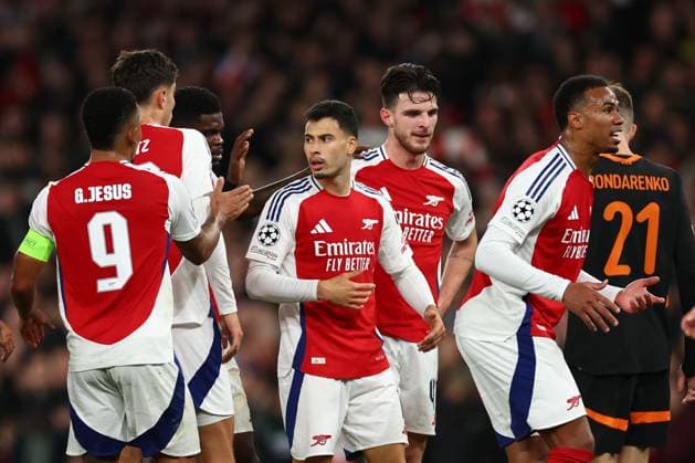 Gabriel Martinelli of Arsenal celebrates after Dmytro Riznyk of Shakhtar Donetsk scored an own goal Arsenal v Shakhtar Donetsk, UEFA Champions League, Group Stage, Football, Emirates Stadium, London, UK, 22 Oct 2024 EDITORIAL USE ONLY No use with unauthorised audio, video, data, fixture lists, club league logos or live services. Online in-match use limited to 120 images, no video emulation. No use in betting, games or single club league player publications. Copyright: xSimonxDael Shutterstockx 14801590s