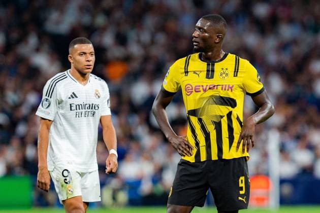 22.10.2024, Real Madrid vs. Borussia Dortmund, UEFA Champions League, 3. Spieltag Serhou Guirassy (Borussia Dortmund, 9) Kylian Mbappe (Real Madrid, 9) Copyright: xBahhoxKarax