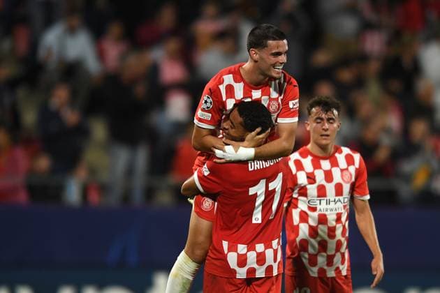 GIRONA FC vs SLOVAN BRATISLAVA Montilivi Municipal Stadium. Girona. Oct 22,2024 GIRONA FC-SLOVAN BRATISLAVA Oct 22,2024 Miguel Gutierrez (3) of Girona FC celebrates scoring his team s first goal with Danjuma during the UEFA Champions League 2024 25 League Phase match between Girona FC and Slovan Bratislava at Montilivi Municipal Stadium in Girona, Spain. Girona ESP Copyright: xS.xRosx