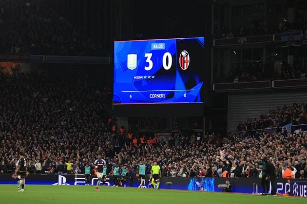 Football - UEFA Champions League - League Phase - Aston Villa v Bologna 22nd October 2024 - UEFA Champions League - League Phase - Aston Villa v Bologna - An error on the scoreboard shows Villa as 3-0 up with John McGinn having scored a hat-trick in 55th minute - Photo: Simon Stacpoole Offside. Birmingham UK Copyright: xSimonxStacpoolexOffside