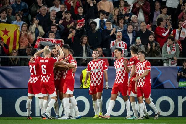 Miguel Gutierrez (Girona FC) celebrates after scoring his team s goal with team mates during a UEFA Champions League match between Girona FC and Slovan Bratislava at Estadi Municipal de Montilivi in Girona, Girona, Spain, on October 22 2024. Photo by Felipe Mondino  Copyright: xFelipexMondino IPAxSportx xipa-ax xx IPA_50857270 IPA_Agency_IPA50857270