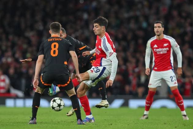 UEFA Champions League, League Stage Arsenal v FC Shakhtar Donetsk Kai Havertz of Arsenal gets tackled during the UEFA Champions League, League Stage Arsenal vs FC Shakhtar Donetsk at Emirates Stadium, London, United Kingdom, 22nd October 2024 (Photo by Izzy Poles News Images) London Emirates Stadium Greater London United Kingdom Copyright: xIzzyxPoles NewsxImagesx