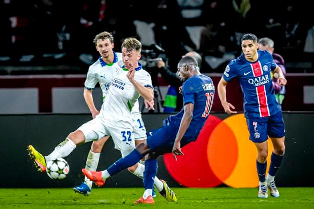 PSV Eindhoven defender Matteo Dams, Paris Saint-Germain forwarder Ousmane Dembele, during the match Paris - PSV at the Parc des Princes Stadium for the UEFA Champions League - League phase - Matchday 3 season 2023-2024 in PARIS, France on 22 oktober 2024 (photo by Geert van Erven - EYE4images DeFodi Images) not used in POL SRB CRO FRA GBR NED ITA USA Defodi-746_196578